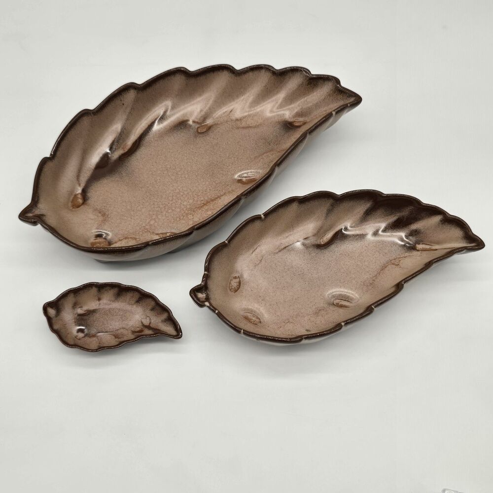 Vintage Frankoma Pottery Set of 3 Willow Leaf Dishes Brown Glaze 226 225 512 - Picture 2 of 9